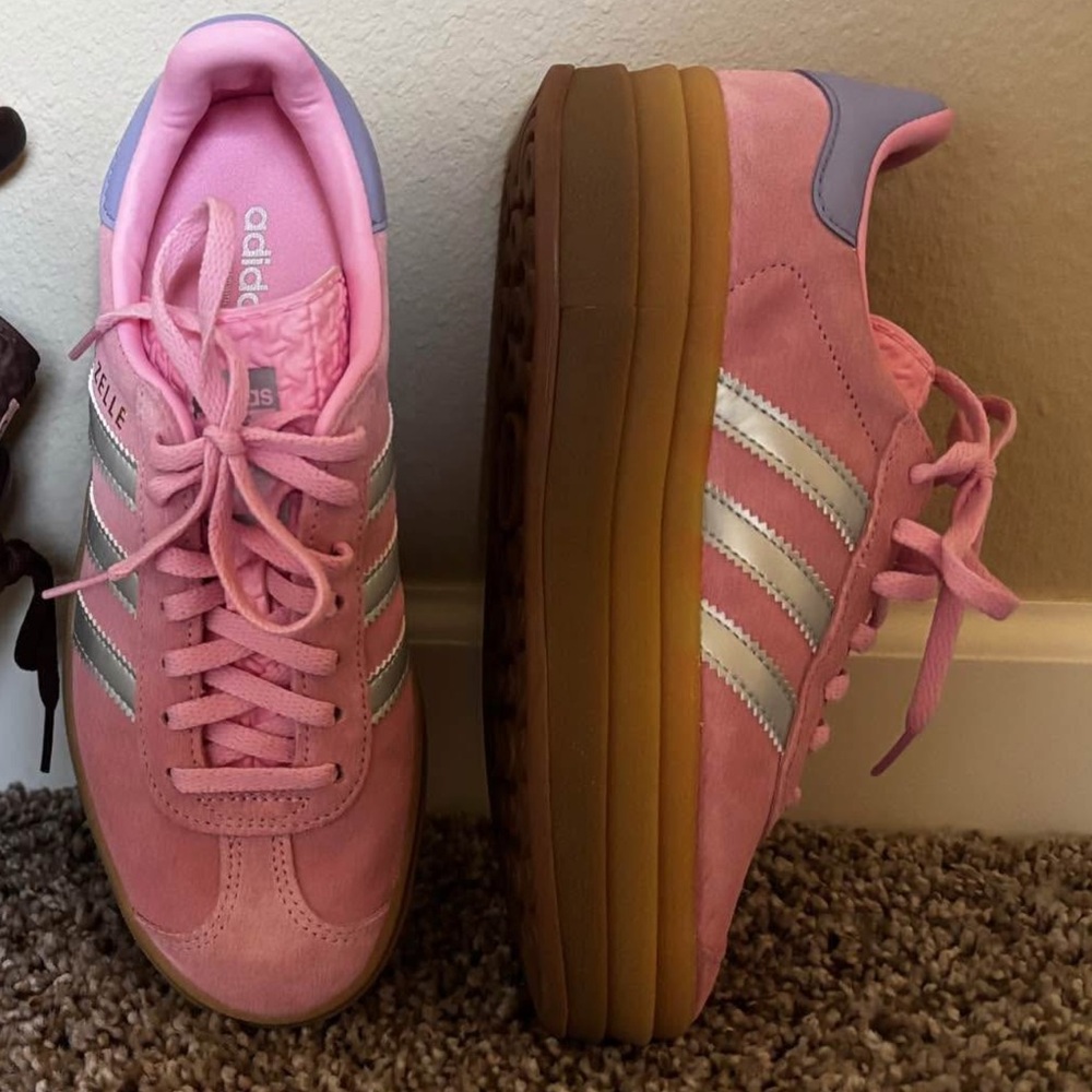 Adidas Pink Sneakers with Silver Stripes and Brown Sole